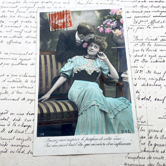 1910s - Vintage French Romantic Couple Postcard - Hand-Colored Studio Photo - Antique Love Sentiment Paper