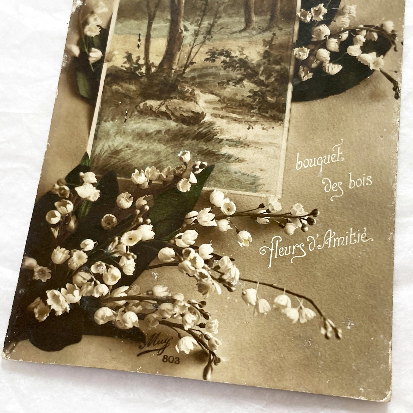 1910s - Vintage French Postcard - Lily Of The Valley Flowers - Forest Path Illustration - Dated 1917 - Muguet Friendship Card