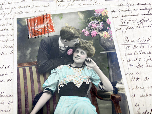 1910s - Vintage French Romantic Couple Postcard - Hand-Colored Studio Photo - Antique Love Sentiment Paper