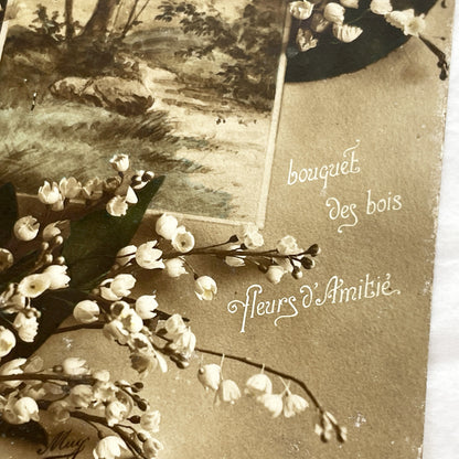 1910s - Vintage French Postcard - Lily Of The Valley Flowers - Forest Path Illustration - Dated 1917 - Muguet Friendship Card