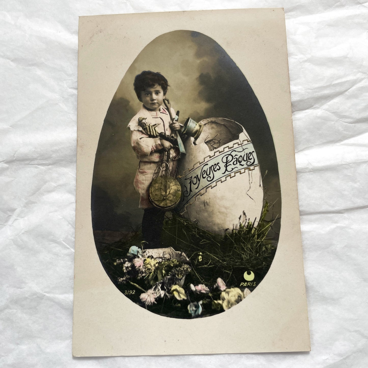 1900s - Antique French Easter Postcard - Charming Boy With Toys And Broken Egg - Hand-Colored Photo Print - Paris Souvenir