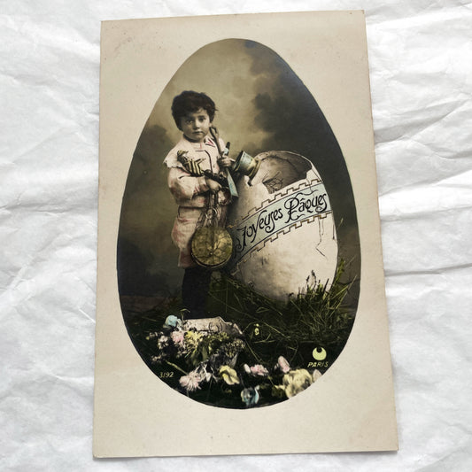 1900s - Antique French Easter Postcard - Charming Boy With Toys And Broken Egg - Hand-Colored Photo Print - Paris Souvenir