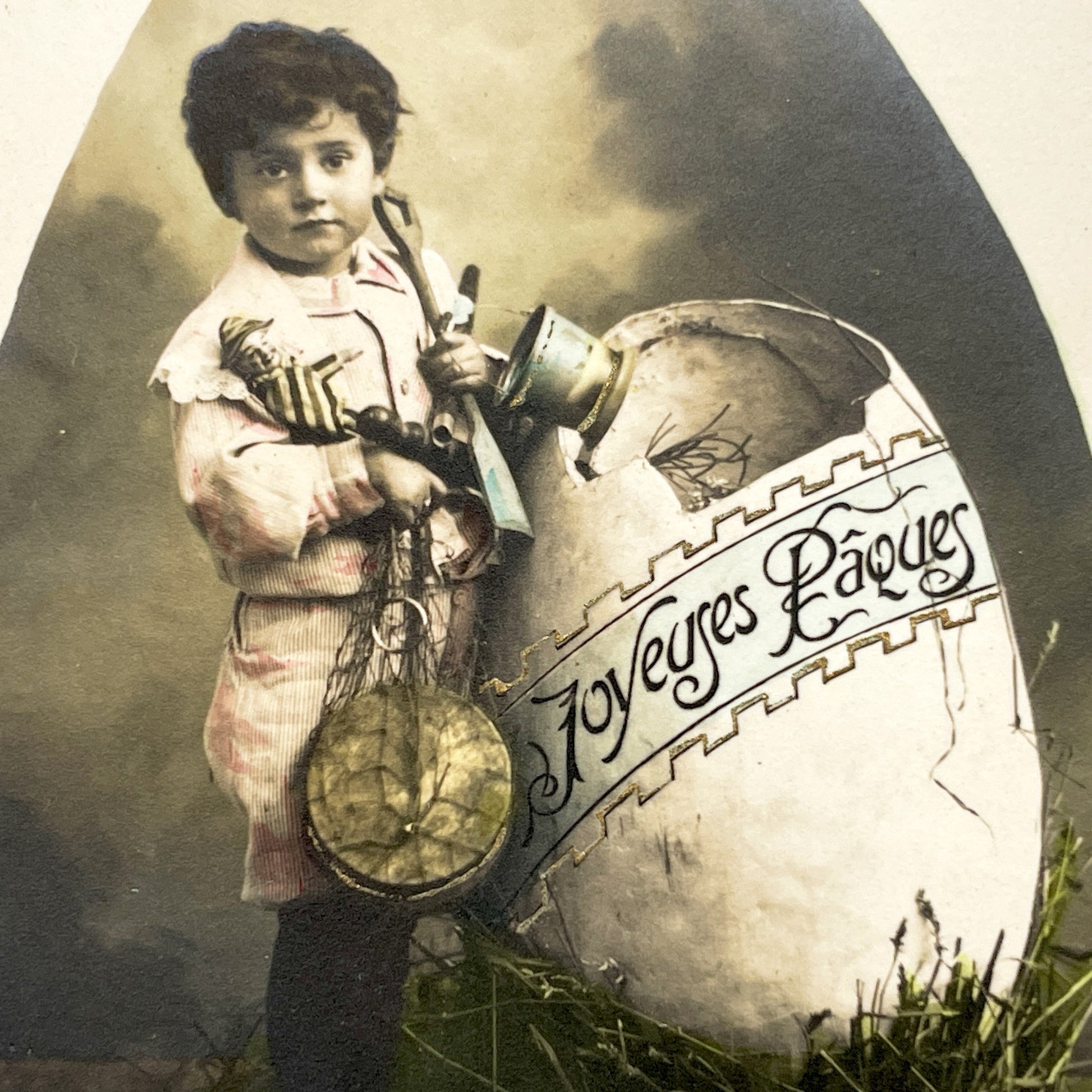 1900s - Antique French Easter Postcard - Charming Boy With Toys And Broken Egg - Hand-Colored Photo Print - Paris Souvenir