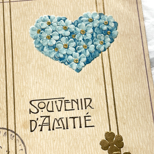 1900s - Vintage French Friendship Postcard - Embossed Forget-Me-Nots - Four Leaf Clover - Antique Floral Souvenir Card