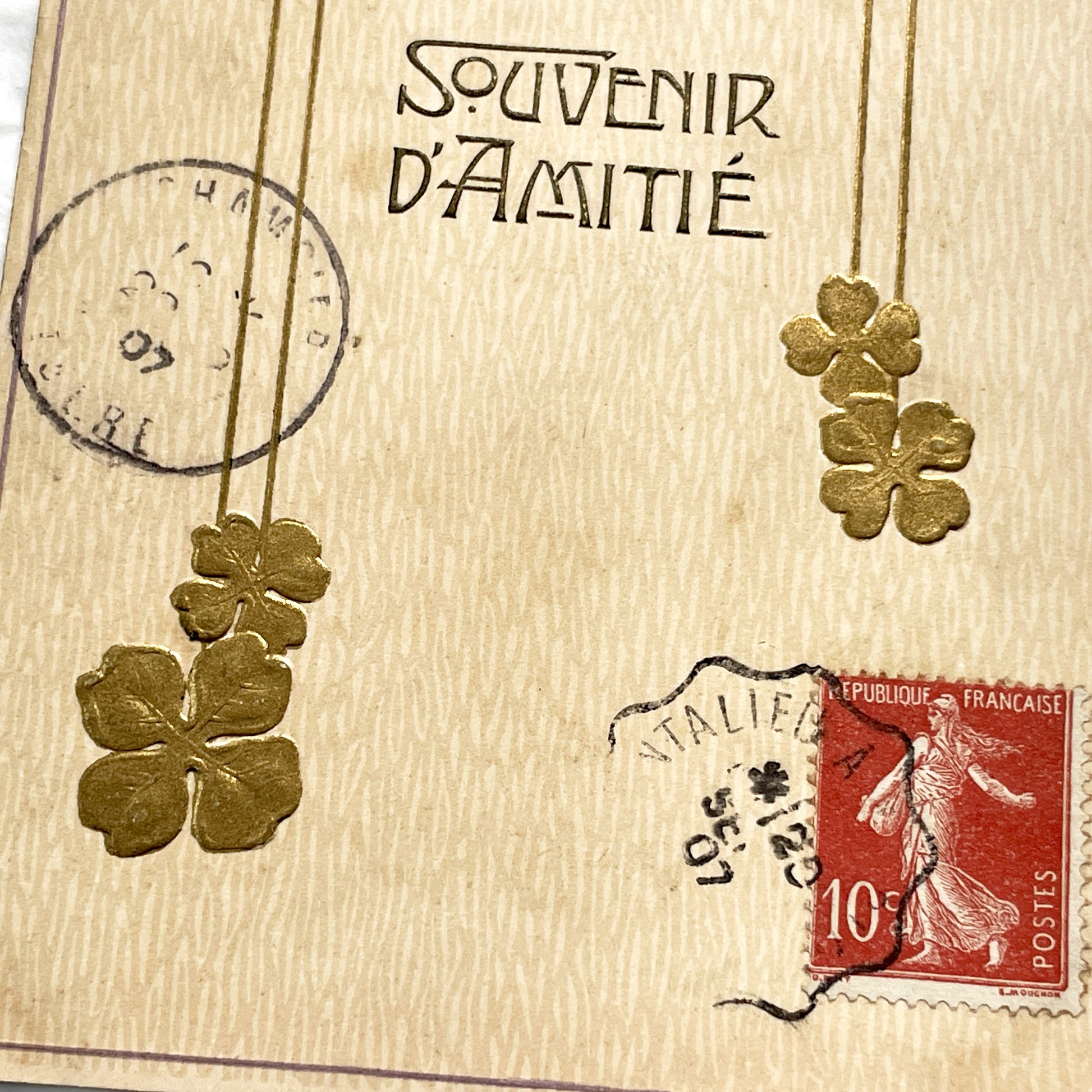 1900s - Vintage French Friendship Postcard - Embossed Forget-Me-Nots - Four Leaf Clover - Antique Floral Souvenir Card