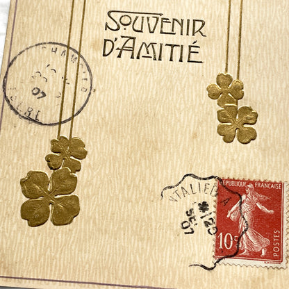 1900s - Vintage French Friendship Postcard - Embossed Forget-Me-Nots - Four Leaf Clover - Antique Floral Souvenir Card