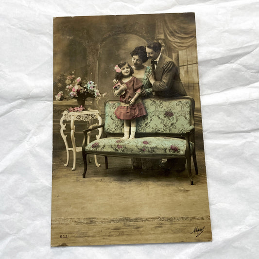 1910s - Vintage Hand-Colored Sepia Edwardian Family Portrait Photo - Elegant Studio Photography with Child and Doll - Masel Signature