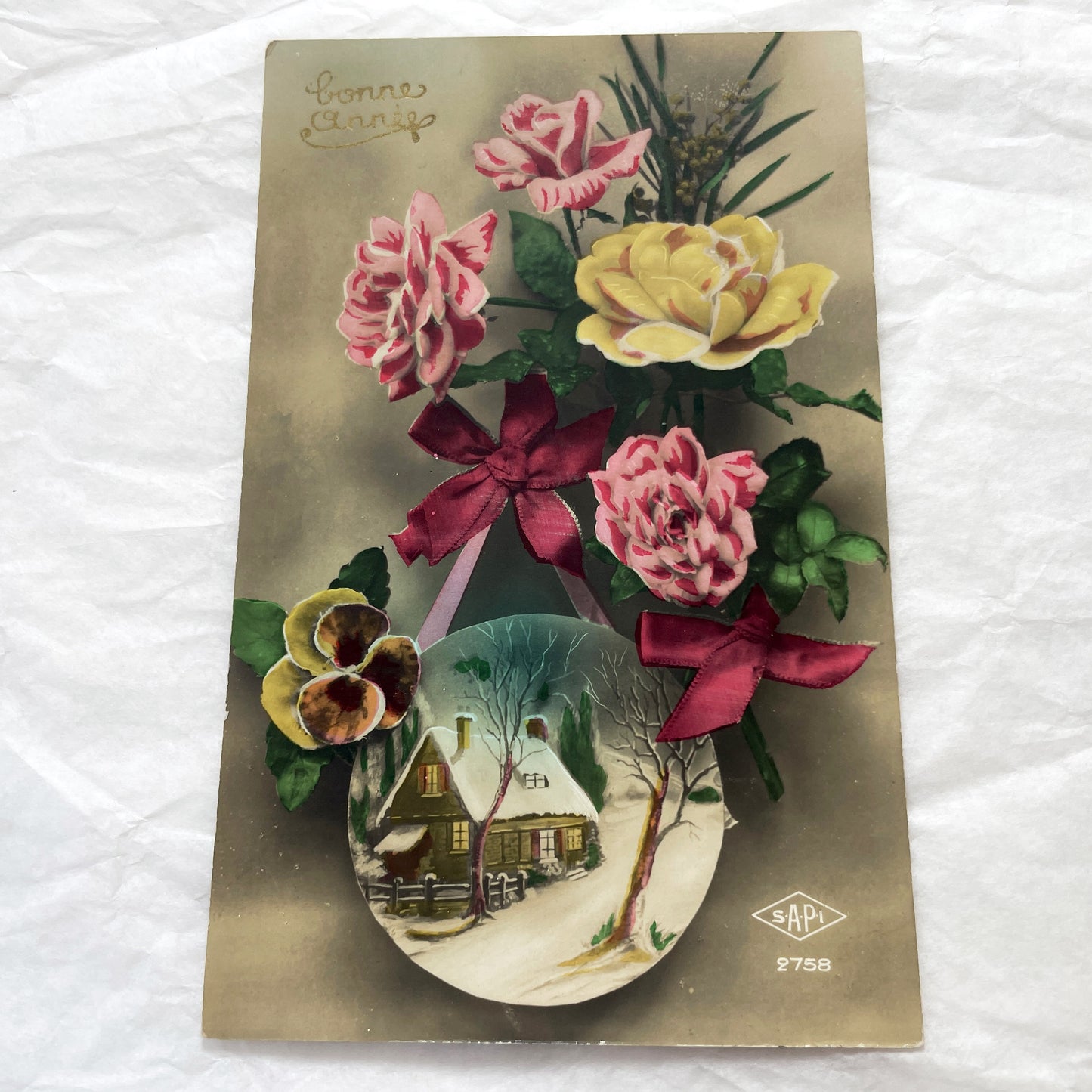 1900s - Antique French Bonne Annee Postcard - Embossed Roses - Winter Village Scene - Red Ribbons - Vintage Holiday Greeting Collectible
