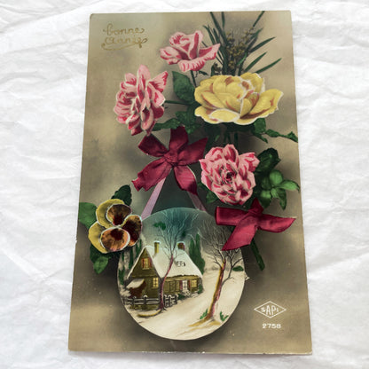 1900s - Antique French Bonne Annee Postcard - Embossed Roses - Winter Village Scene - Red Ribbons - Vintage Holiday Greeting Collectible