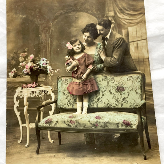 1910s - Vintage Hand-Colored Sepia Edwardian Family Portrait Photo - Elegant Studio Photography with Child and Doll - Masel Signature