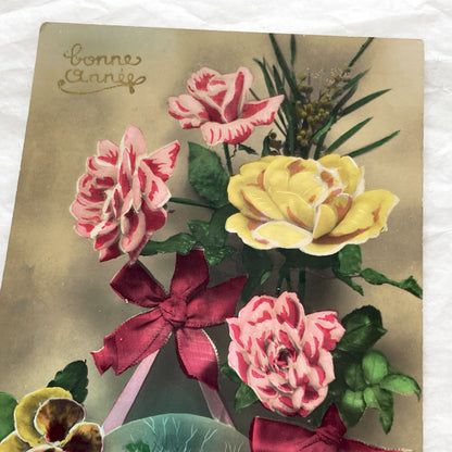 1900s - Antique French Bonne Annee Postcard - Embossed Roses - Winter Village Scene - Red Ribbons - Vintage Holiday Greeting Collectible