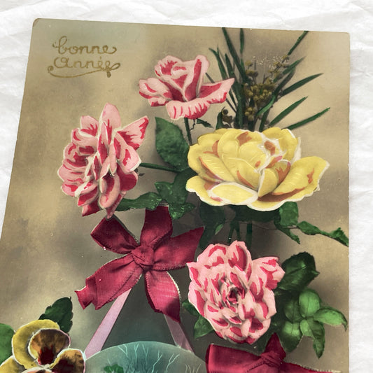 1900s - Antique French Bonne Annee Postcard - Embossed Roses - Winter Village Scene - Red Ribbons - Vintage Holiday Greeting Collectible