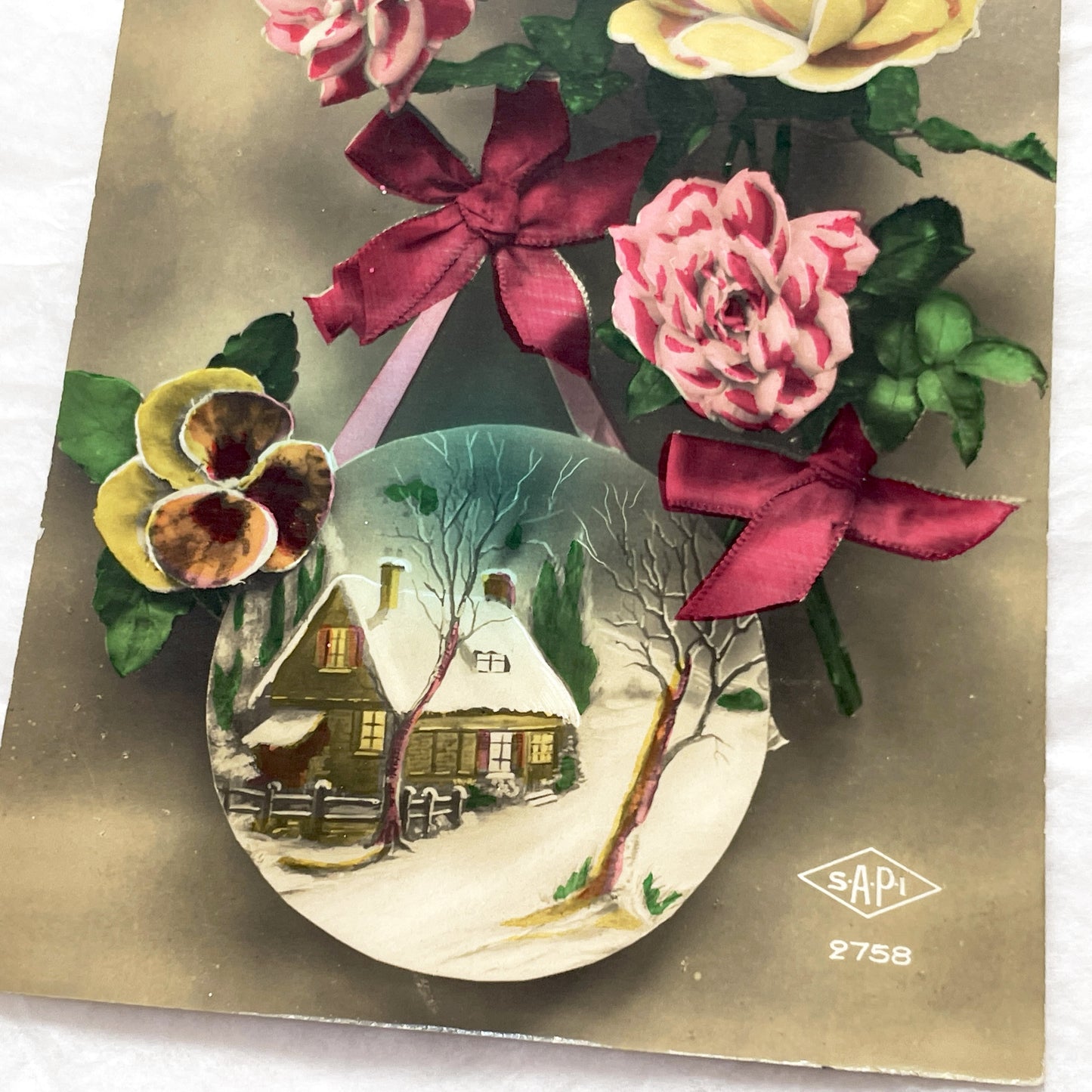 1900s - Antique French Bonne Annee Postcard - Embossed Roses - Winter Village Scene - Red Ribbons - Vintage Holiday Greeting Collectible