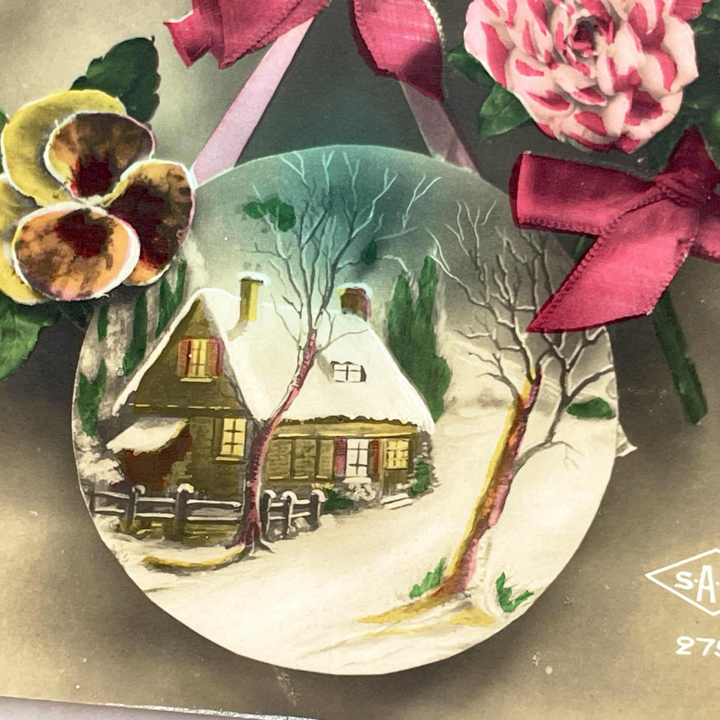 1900s - Antique French Bonne Annee Postcard - Embossed Roses - Winter Village Scene - Red Ribbons - Vintage Holiday Greeting Collectible