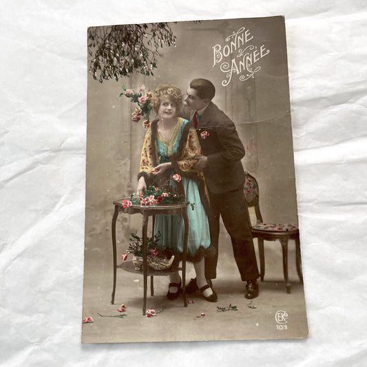 1920s - Vintage French Bonne Annee Postcard - Romantic Couple - Hand-Colored Sepia Tone - New Year's Greeting - Ephemera Collectible