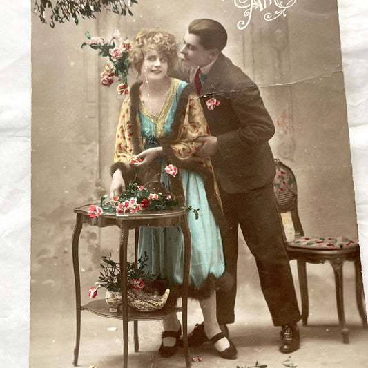 1920s - Vintage French Bonne Annee Postcard - Romantic Couple - Hand-Colored Sepia Tone - New Year's Greeting - Ephemera Collectible