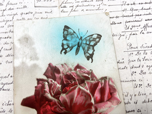 1920s - Vintage French Hand-Colored Rose Butterfly Postcard - Collectible Art -  “Bonne Année” Greeting – Early 1900s Floral Illustration