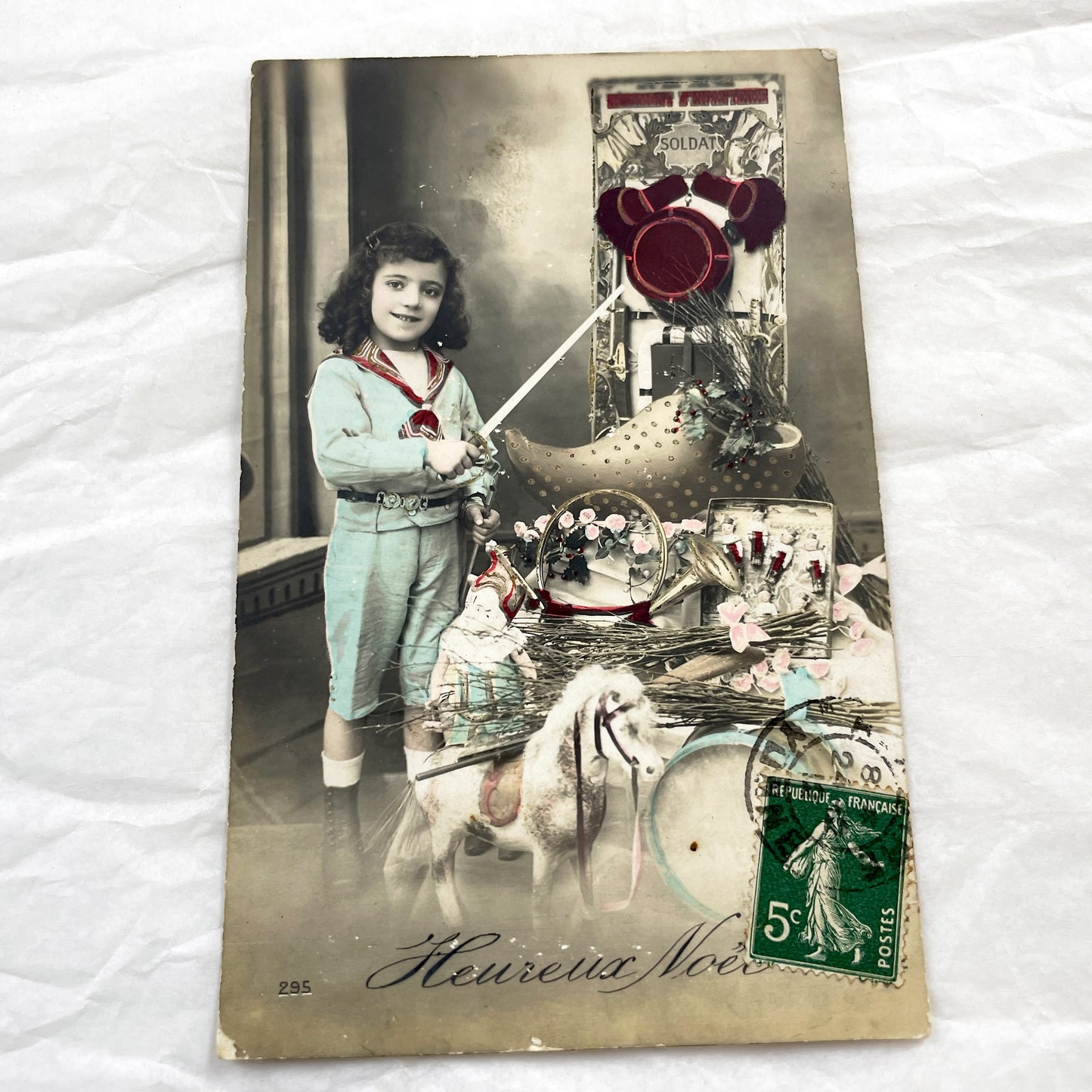 1900s - Vintage French Christmas Postcard - Child in Sailor Suit with Soldier Toy - Hand Tinted Sepia Photo - Noel Greeting Card