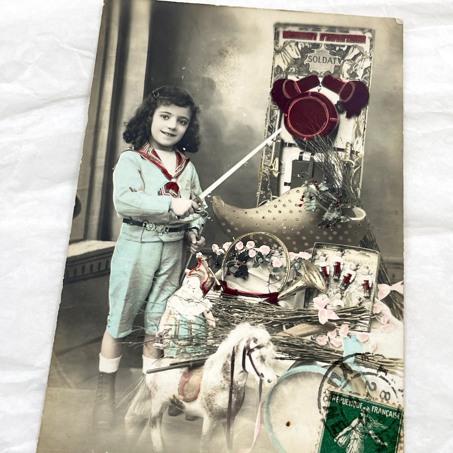 1900s - Vintage French Christmas Postcard - Child in Sailor Suit with Soldier Toy - Hand Tinted Sepia Photo - Noel Greeting Card