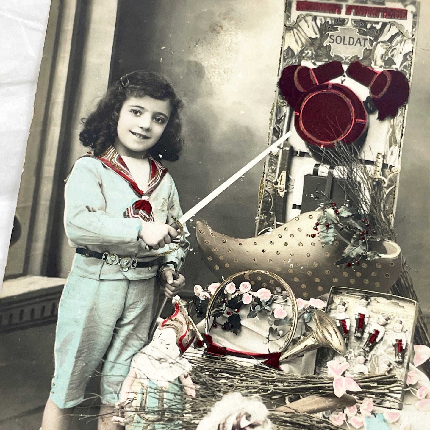 1900s - Vintage French Christmas Postcard - Child in Sailor Suit with Soldier Toy - Hand Tinted Sepia Photo - Noel Greeting Card