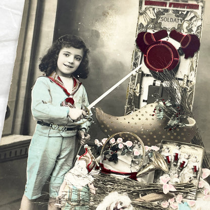 1900s - Vintage French Christmas Postcard - Child in Sailor Suit with Soldier Toy - Hand Tinted Sepia Photo - Noel Greeting Card