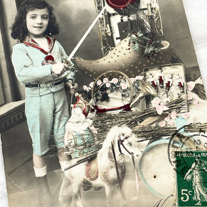 1900s - Vintage French Christmas Postcard - Child in Sailor Suit with Soldier Toy - Hand Tinted Sepia Photo - Noel Greeting Card