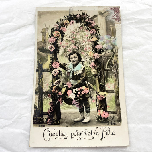 1910s - Vintage French Postcard - Little Girl With Basket Of Flowers - Hand-Colored Archway - Charming Antique Ephemera
