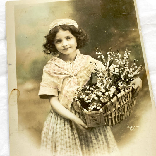 1910s - Antique French Postcard - Sepia Child Portrait with Lily of the Valley Basket - Sentimental Vintage Ephemera - Collectible Art