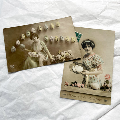 1900s - 2 Vintage French Easter Postcard s - Antique Women Portraits - Heureuses Pâques Holiday Ephemera - Rare Collectible Seasonal Cards