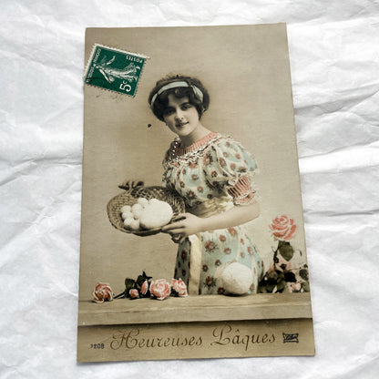 1900s - 2 Vintage French Easter Postcard s - Antique Women Portraits - Heureuses Pâques Holiday Ephemera - Rare Collectible Seasonal Cards