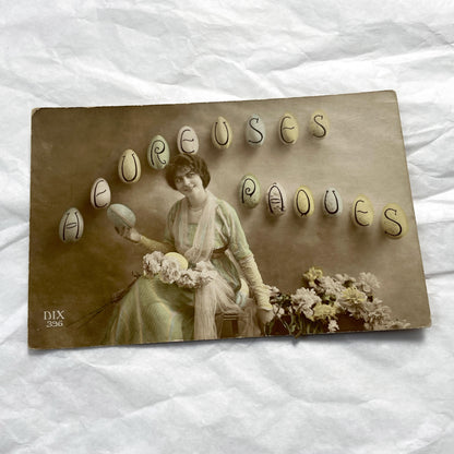 1900s - 2 Vintage French Easter Postcard s - Antique Women Portraits - Heureuses Pâques Holiday Ephemera - Rare Collectible Seasonal Cards