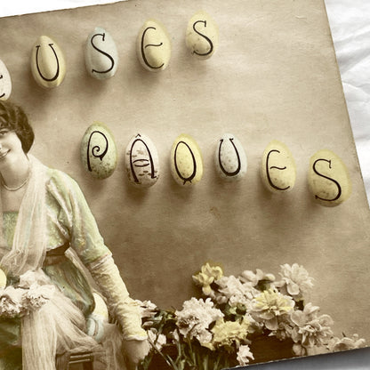1900s - 2 Vintage French Easter Postcard s - Antique Women Portraits - Heureuses Pâques Holiday Ephemera - Rare Collectible Seasonal Cards