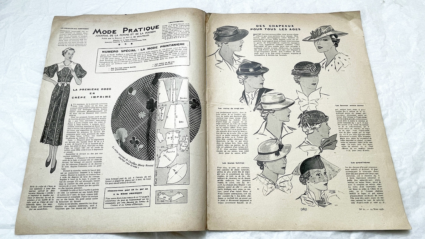 1930s - Vintage French Fashion Magazine - Mode Pratique - Spring Fashions - Retro Style - Clothing Patterns - Women's Wear - 1936 Issue