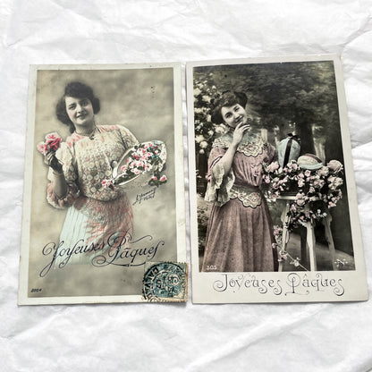 1900s - 2 Antique French Easter Postcards - Hand Tinted Women Flowers - Vintage Holiday Greeting Cards - Early 20th Century Ephemera