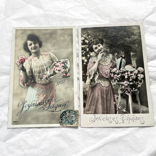 1900s - 2 Antique French Easter Postcards - Hand Tinted Women Flowers - Vintage Holiday Greeting Cards - Early 20th Century Ephemera