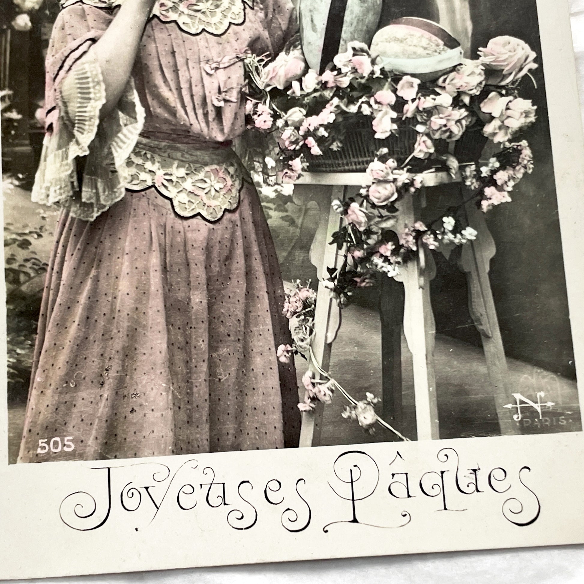1900s - 2 Antique French Easter Postcards - Hand Tinted Women Flowers - Vintage Holiday Greeting Cards - Early 20th Century Ephemera