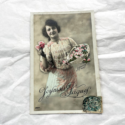 1900s - 2 Antique French Easter Postcards - Hand Tinted Women Flowers - Vintage Holiday Greeting Cards - Early 20th Century Ephemera