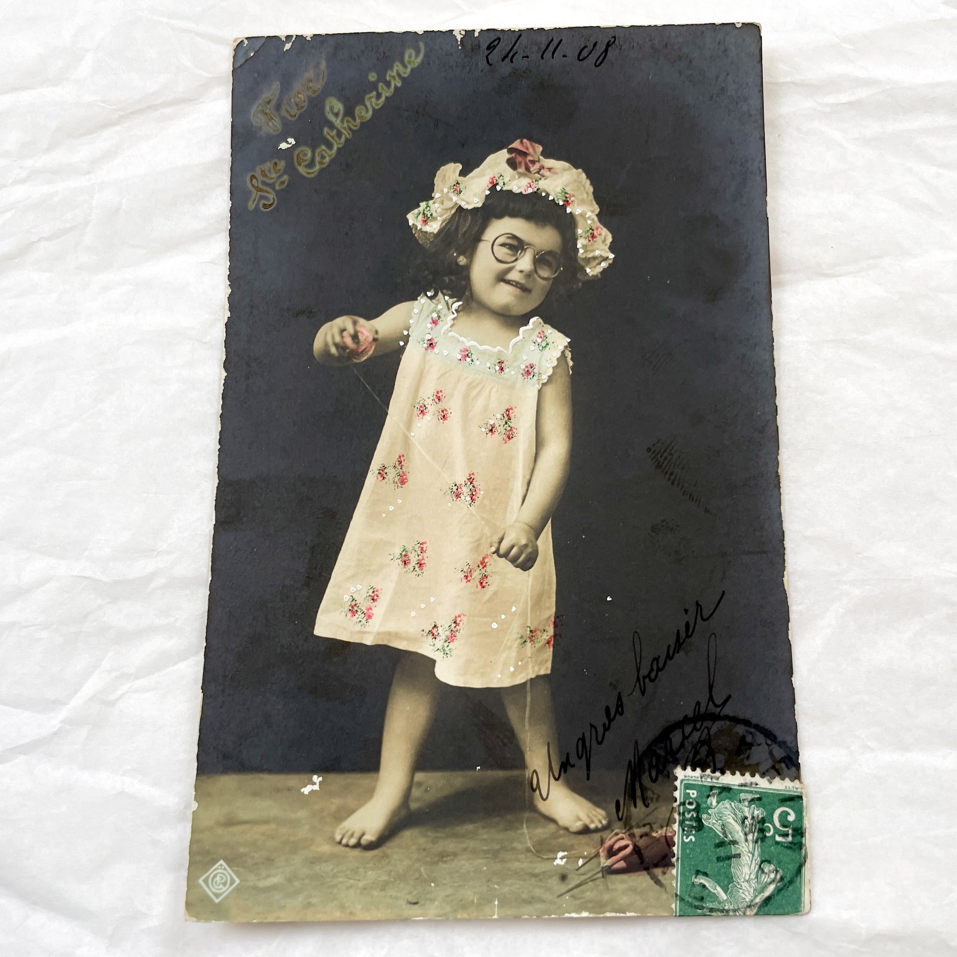 1900s - Vintage French Postcard - Hand Tinted Real Photo - Barefoot Little Girl With Glasses - Sainte Catherine Gift
