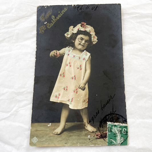 1900s - Vintage French Postcard - Hand Tinted Real Photo - Barefoot Little Girl With Glasses - Sainte Catherine Gift