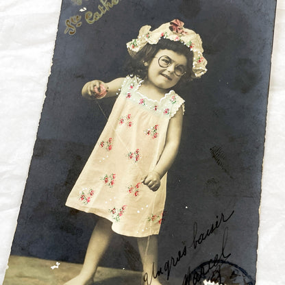 1900s - Vintage French Postcard - Hand Tinted Real Photo - Barefoot Little Girl With Glasses - Sainte Catherine Gift