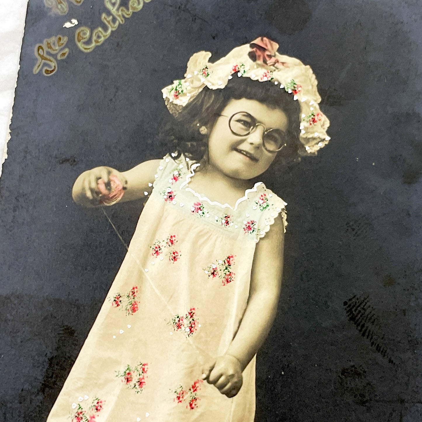 1900s - Vintage French Postcard - Hand Tinted Real Photo - Barefoot Little Girl With Glasses - Sainte Catherine Gift