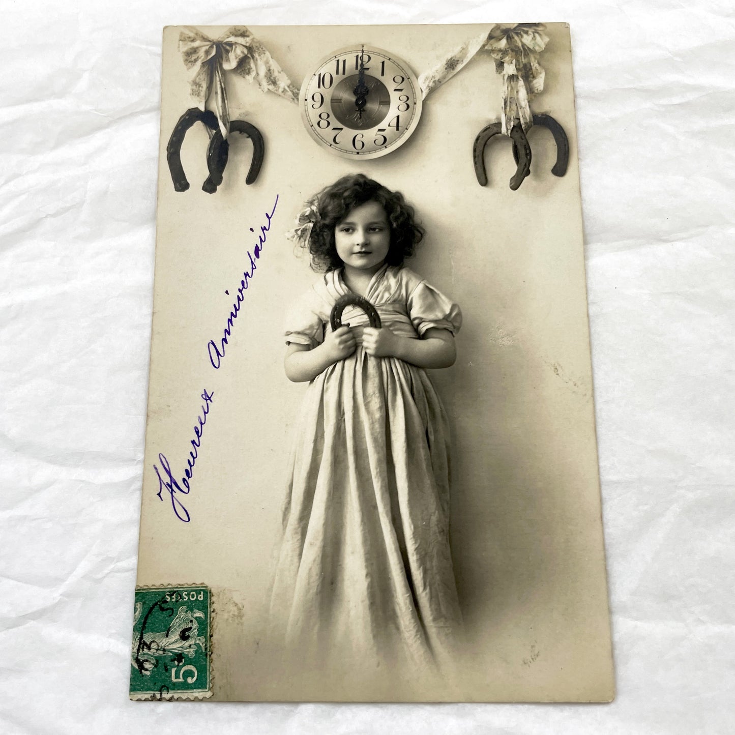 1900s - Vintage French Happy Birthday Postcard - Young Girl With Horseshoe - Antique Sepia Photograph - Old Ephemera Collectible