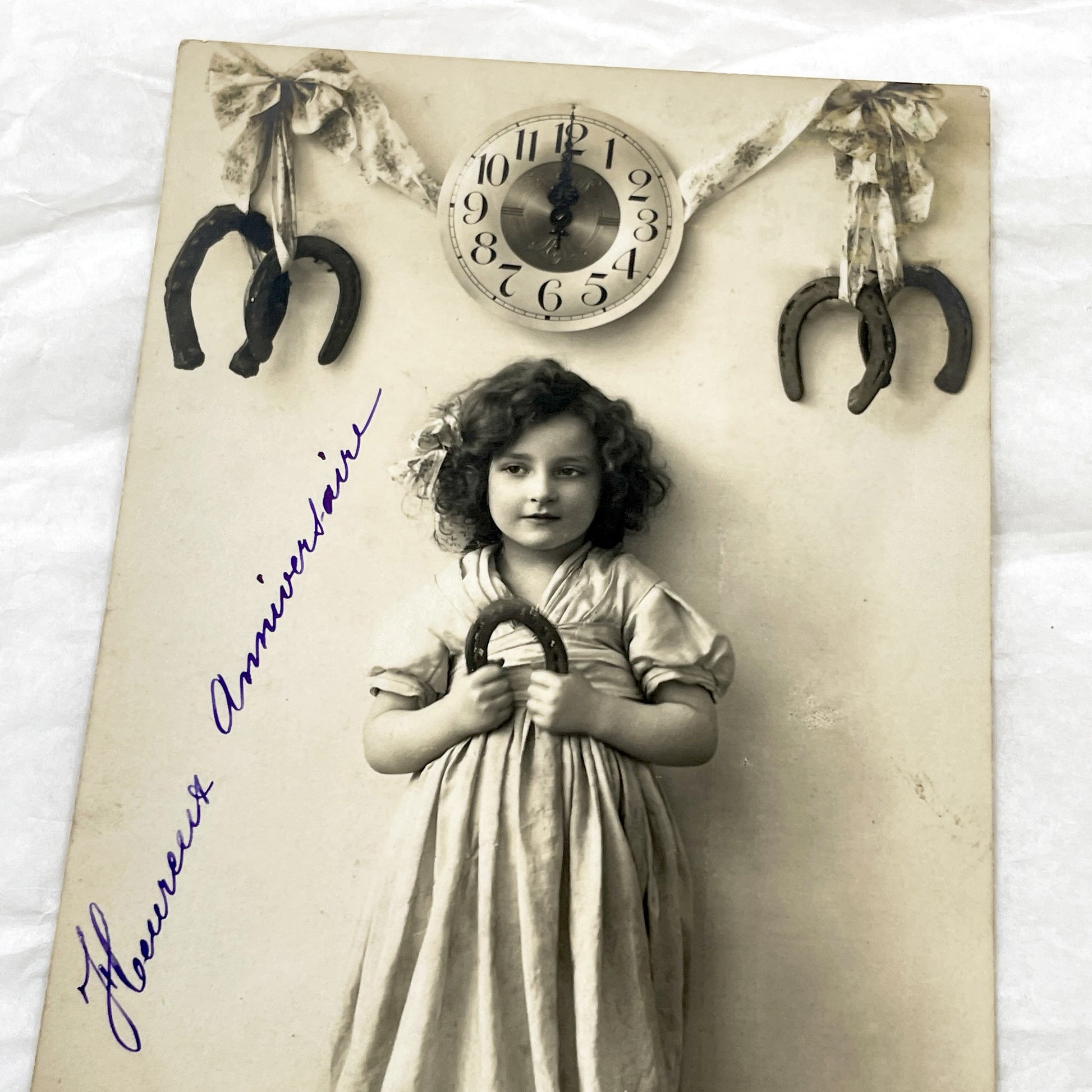 1900s - Vintage French Happy Birthday Postcard - Young Girl With Horseshoe - Antique Sepia Photograph - Old Ephemera Collectible