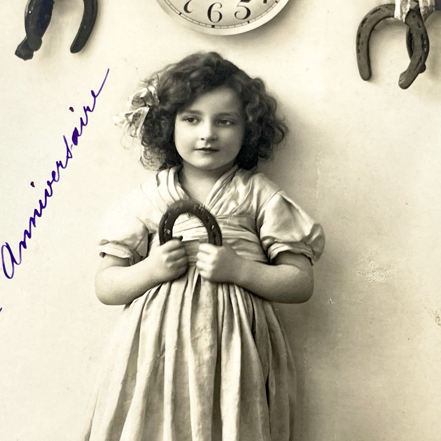 1900s - Vintage French Happy Birthday Postcard - Young Girl With Horseshoe - Antique Sepia Photograph - Old Ephemera Collectible