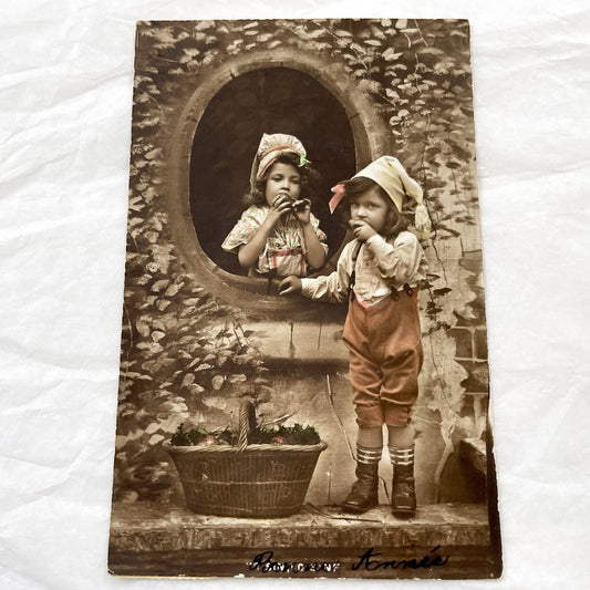 1910s - Vintage French Postcard - Children Eating Fruit Basket - Sepia Tone Hand-Colored - Antique Ephemera Collectible - Bonne Annee