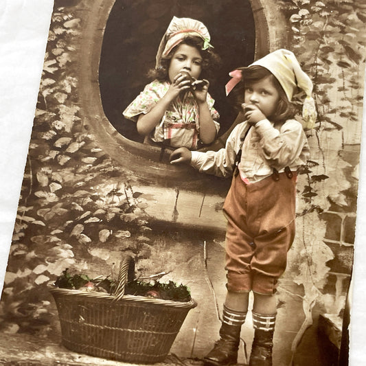 1910s - Vintage French Postcard - Children Eating Fruit Basket - Sepia Tone Hand-Colored - Antique Ephemera Collectible - Bonne Annee