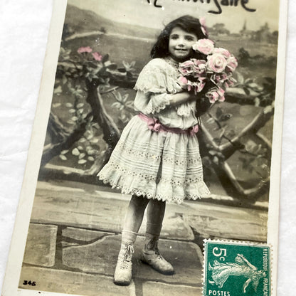 1910s - French Birthday Postcard - Antique Little Girl With Pink Roses Bouquet - Sepia Photo Greeting Card - Vintage Child Image