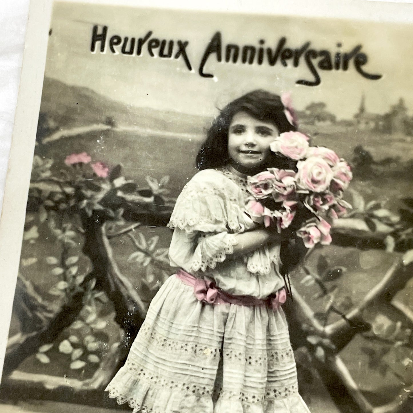 1910s - French Birthday Postcard - Antique Little Girl With Pink Roses Bouquet - Sepia Photo Greeting Card - Vintage Child Image