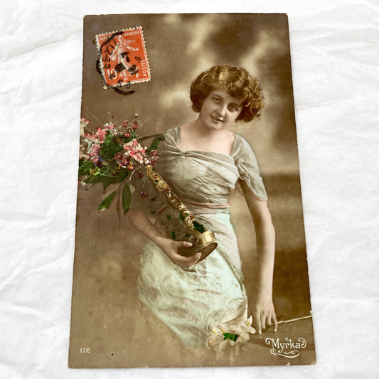 1910s - Elegant Lady With Flowers - Myrka French Postcard - Sepia Hand-Colored Portrait - Vintage Fashion Art Nouveau Era