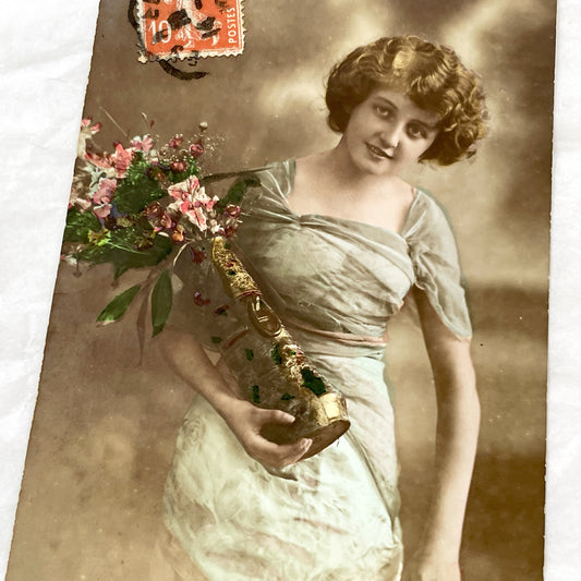 1910s - Elegant Lady With Flowers - Myrka French Postcard - Sepia Hand-Colored Portrait - Vintage Fashion Art Nouveau Era